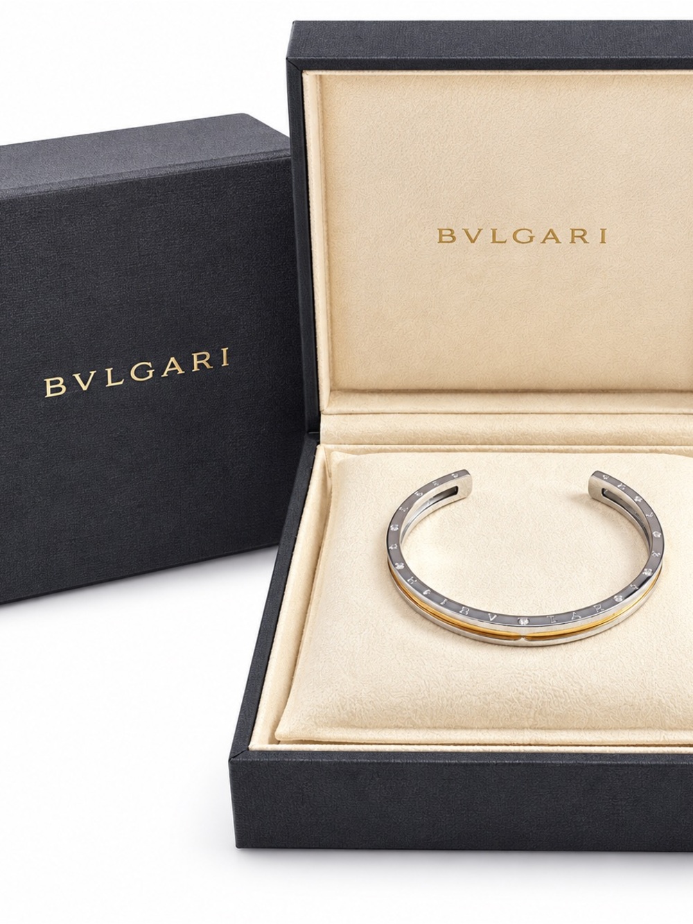 Bulgari Two-Tone Steel and Gold Open Cuff Bracelet